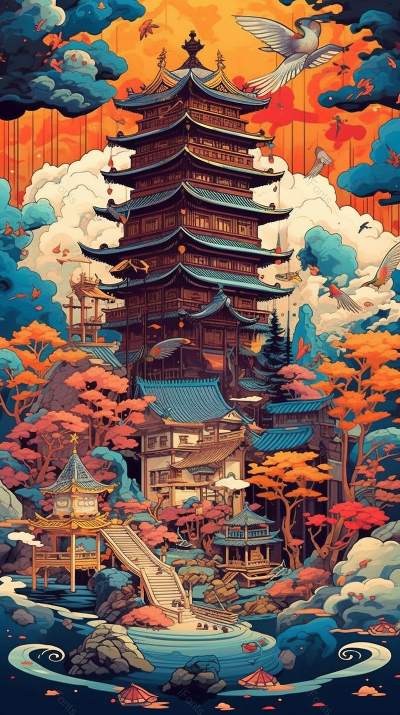 中国风亭台楼阁秀丽山水手绘背景图,插画/手绘图,插画/手绘图库,插画/手绘图下载,插画/手绘